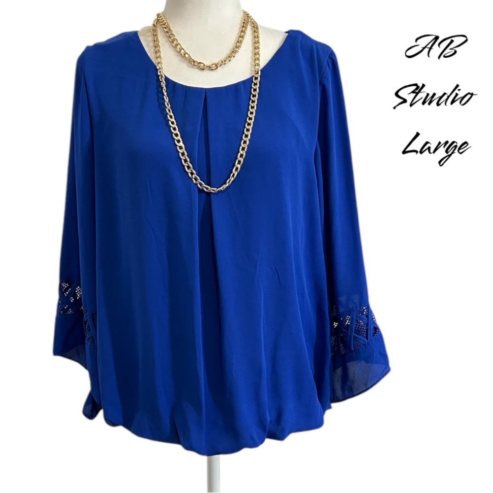 AB STUDIO Women’s Scoop Neck Blouse Bell Sleeves Wovens Cobalt Blue Large New